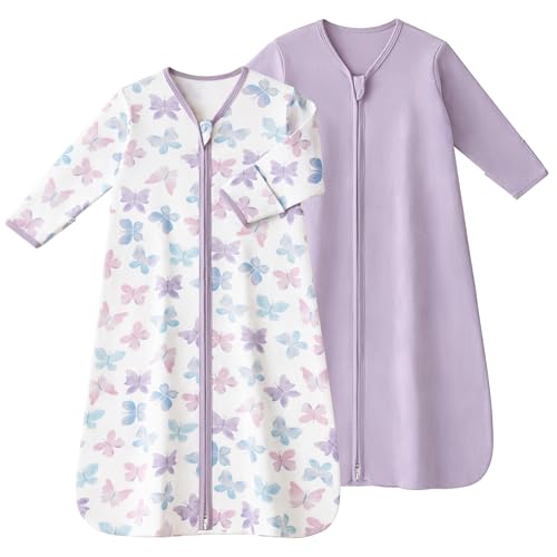 FIEMOL Baby Sleep Sack 6-12 Months, Long Sleeve Baby Wearable Blanket 0.5 Tog with Mittens, 2-Way Zipper Infant Cotton Sleeping Sack for Boy and Girl Purple Butterfly 2 Pack (Medium) - Image 1