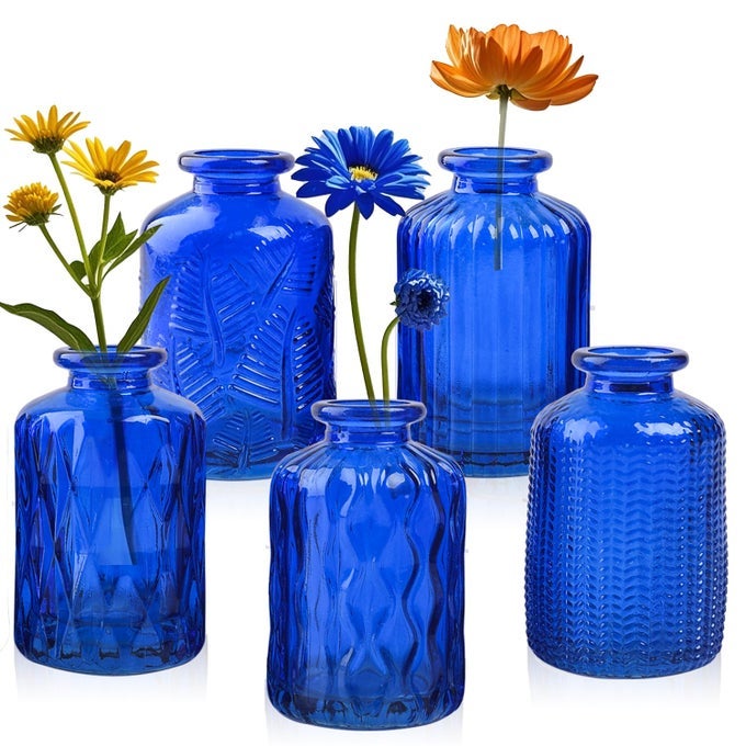 COBALT BLUE GLASS BUD VASE SMALL FLOWER VASE MINI BOTTLE WITH CORK WIRE HANDLE DESIGN FOR DECO CAFES OFFICE TABLE HOME AND GARDENSET 5