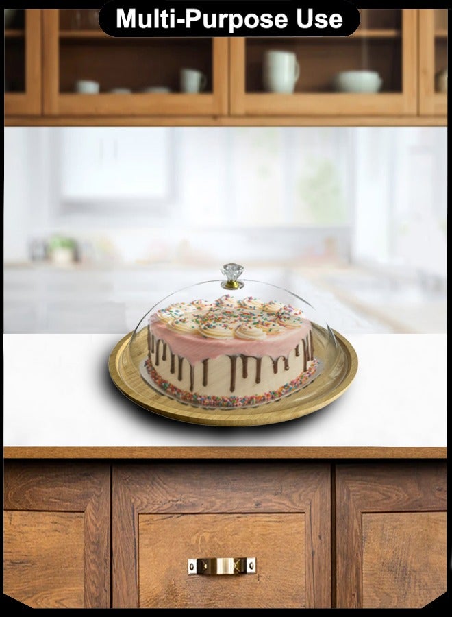 Majestic Natural Wood Cake Tray with Acrylic Dome Cover, 34 cm Diameter, Elegant Crystal Handle, Ideal for Serving Cakes, Breads, Sushi & More - Image 4