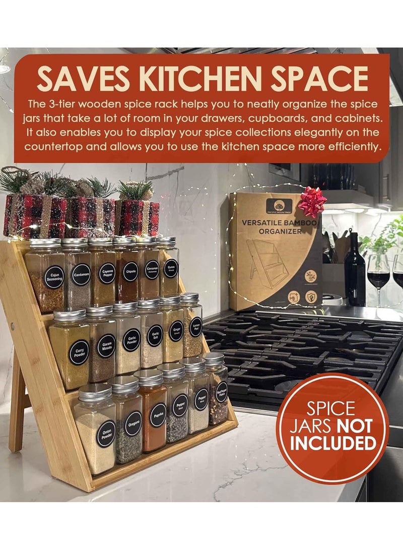 Natural Beech Wood Spice Rack and Organizer, 3-tier Seasoning Spice Jar Organizer, Excellent Tiered Wooden Spice Racks Free Standing for Cabinet Drawers and Countertop.
