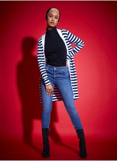 SASSAFRAS Striped Front Open Knit Shrug by Styli  - Image 1
