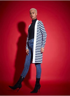 SASSAFRAS Striped Front Open Knit Shrug by Styli  - Image 3