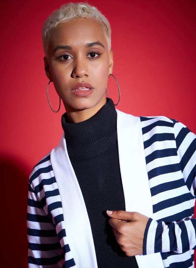 SASSAFRAS Striped Front Open Knit Shrug - Image 1