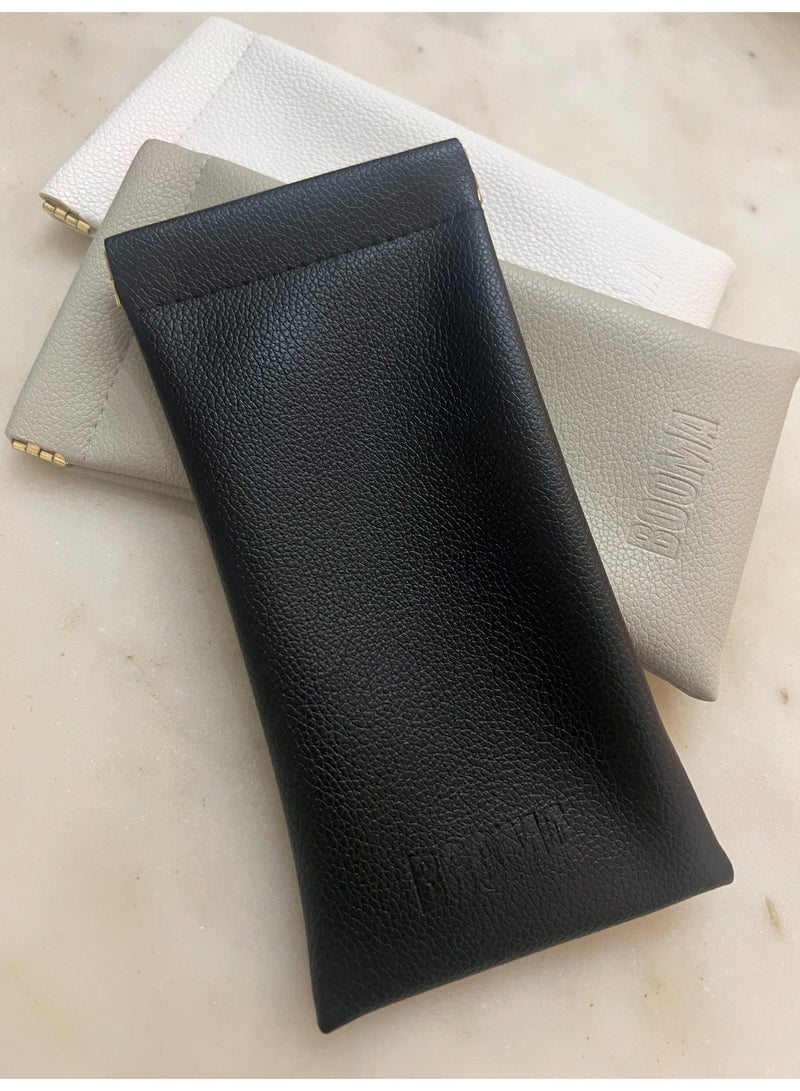 Booma Opticals PREMIUM High -End Soft Glasses Case, 1- Piece High Quality  Soft Leather feel, Gold metal squeeze pop opening. Sunglasses Bag for Men & Women: Elegant Beige, Embossed Booma logo, Useful as Glasses pouch or Storage of personal items & Travel. 3 Classy colors: Beige, Black. or White. - Image 2