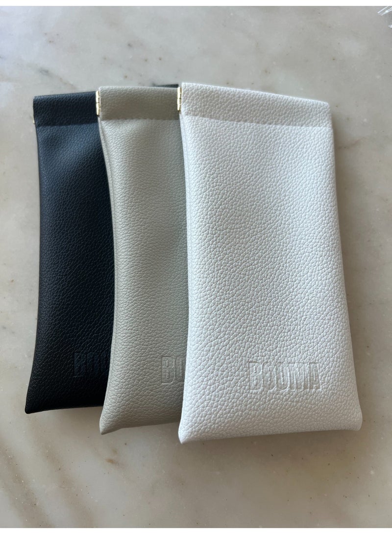 Booma Opticals PREMIUM High -End Soft Glasses Case, 1- Piece High Quality  Soft Leather feel, Gold metal squeeze pop opening. Sunglasses Bag for Men & Women: Elegant Beige, Embossed Booma logo, Useful as Glasses pouch or Storage of personal items & Travel. 3 Classy colors: Beige, Black. or White. - Image 4