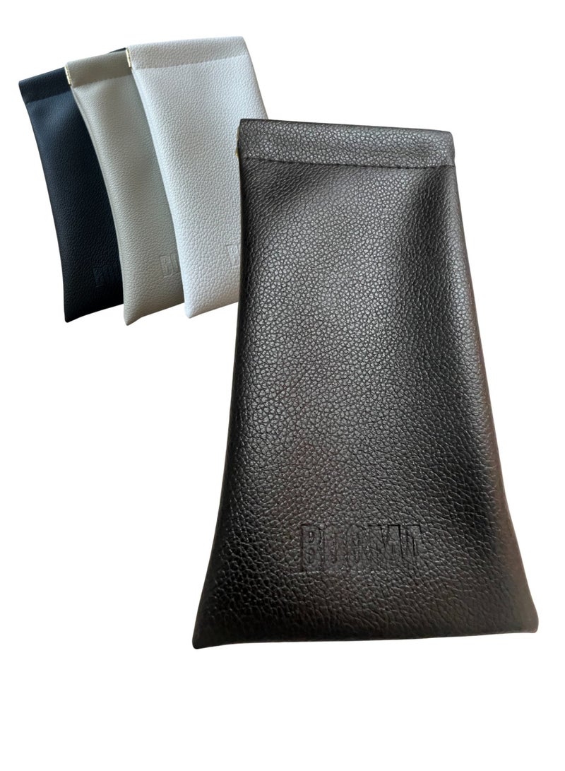 Booma Opticals PREMIUM High -End Soft Glasses Case, 1- Piece High Quality  Soft Leather feel, Gold metal squeeze pop opening. Sunglasses Bag for Men & Women: Elegant Beige, Embossed Booma logo, Useful as Glasses pouch or Storage of personal items & Travel. 3 Classy colors: Beige, Black. or White. - Image 2