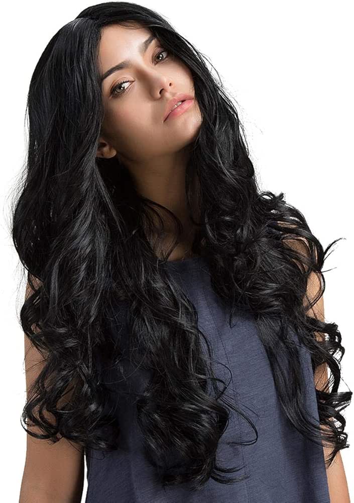 اي سي اي اف باروكة شعر صناعي طويلة ومجعدة باللون الأسود الناضج من ECIF، شعر نسائي بطول 28 بوصة - Image 1