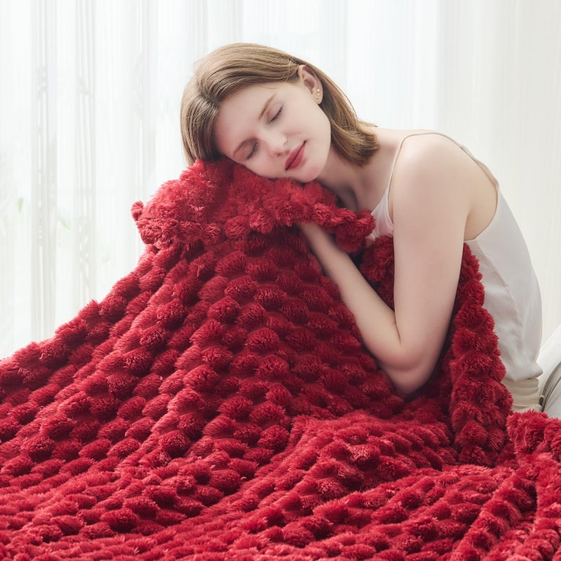 NEWCOSPLAY Super Soft Throw Blanket Red Premium Silky Flannel Fleece 3D Clouds Stylish Jacquard Lightweight Bed Blanket All Season Use 350GSM (Red  Throw(50""x60"")) - Image 1
