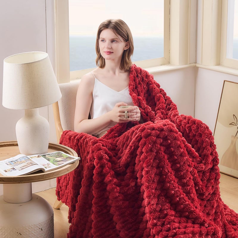 NEWCOSPLAY Super Soft Throw Blanket Red Premium Silky Flannel Fleece 3D Clouds Stylish Jacquard Lightweight Bed Blanket All Season Use 350GSM (Red  Throw(50""x60"")) - Image 2