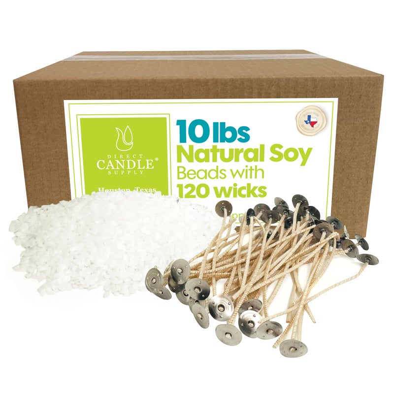 Direct Candle Supply Soy Wax Beads for Candle Making  10lb Soy Candle Wax Pastilles  120 Wicks  Smooth Blend for High Load Fragrance Formulation Candle Making Supplies 