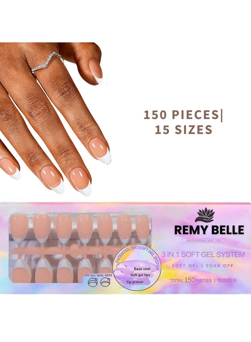 ريمي بيلا أظافر فرنش جل - أظافر فرنش جاهزة بالضغط بشكل ألموند مع برايمر وطبقة أساس مُسبقة 150 قطعة - Image 1
