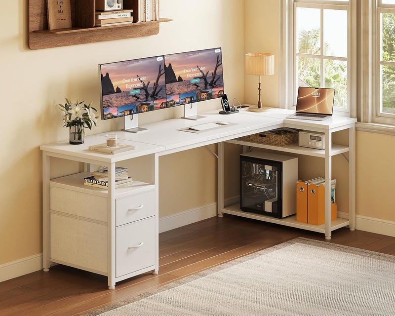 Coleshome L Shaped Corner Desk with Drawers, Desk with Shleves - Image 2