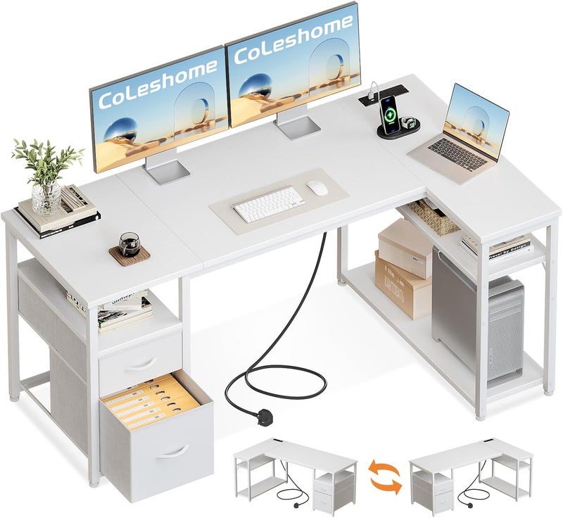 Coleshome L Shaped Corner Desk with Drawers, Desk with Shleves - Image 1