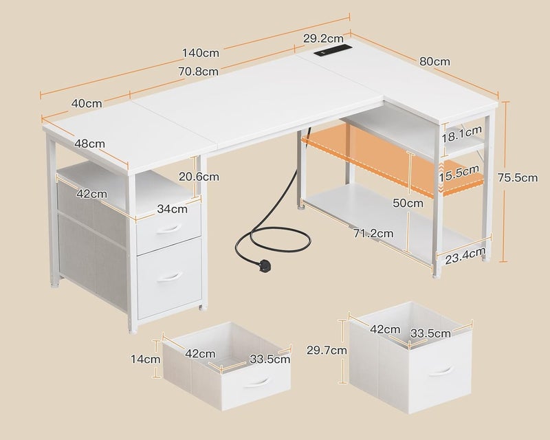 Coleshome L Shaped Corner Desk with Drawers, Desk with Shleves - Image 3
