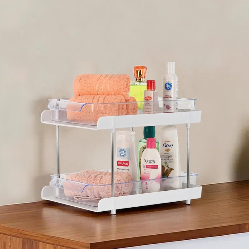 Kuber Industries 2 Pcs Clear Sliding 2-Layer Makeup Drawer Storage Organizer BoxStand | Cosmetic Storage Box for Women | Dressing Table Organiser for Jewellry, Skincare & Perfume | White - Image 2