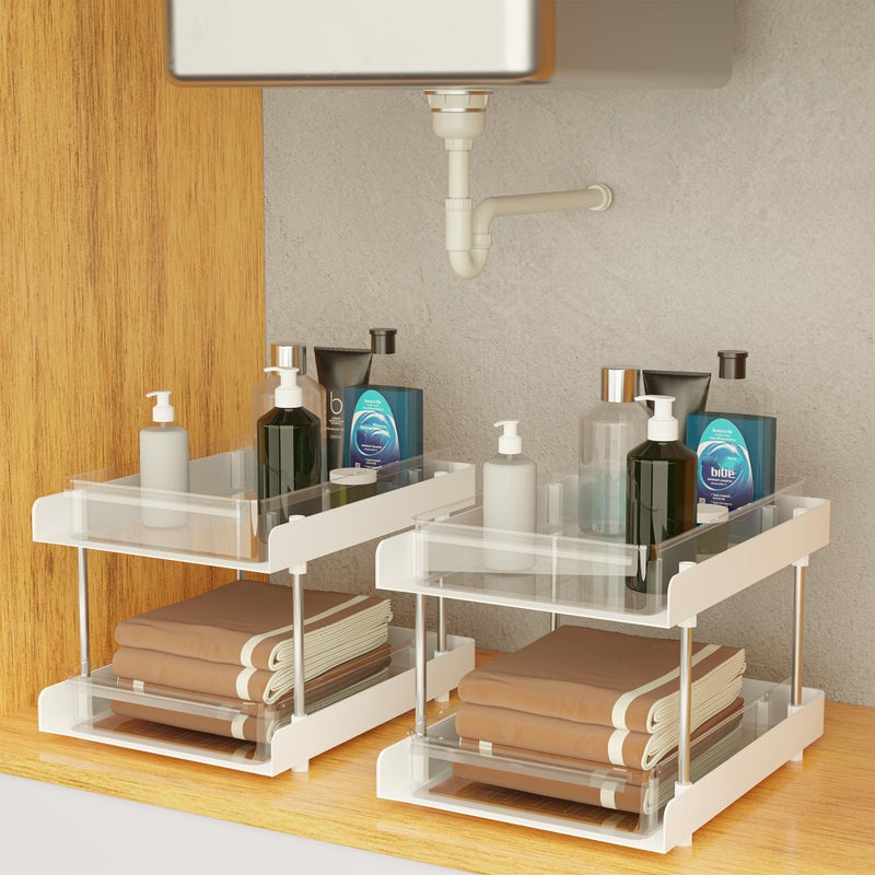 Kuber Industries 2 Pcs Clear Sliding 2-Layer Makeup Drawer Storage Organizer BoxStand | Cosmetic Storage Box for Women | Dressing Table Organiser for Jewellry, Skincare & Perfume | White - Image 1