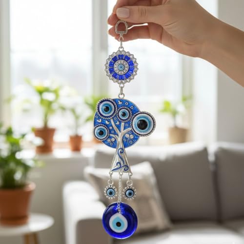 BLUE BEADS Turkish Feng Shui Vastu Blue Glass Evil Eye Hanging/Door Hanging Nazar Batu for Protection and Good Luck - Perfect for Gifting Home or Office (Lucky Tree) - Image 3