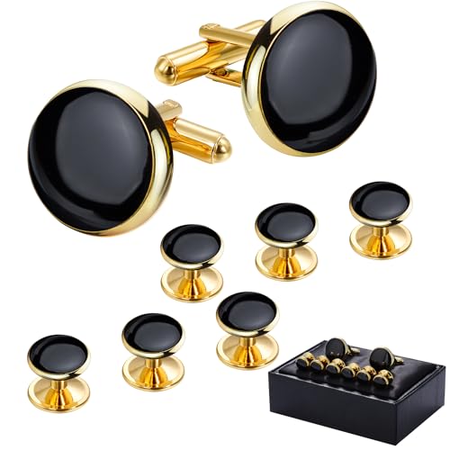HAWSON Men’s Cufflinks and Tuxedo Studs Set with Gift Box; Men’s Jewelry or Accessories Suitable for Black Suit White shirts vest and Red Bow tie on Wedding or Anniversary and Birthday - Image 1