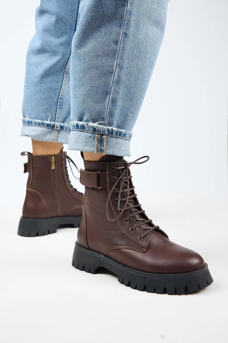 Manijero Manijero Adel Women's Genuine Leather Lace-up Dark Brown Boots with Internal Zipper