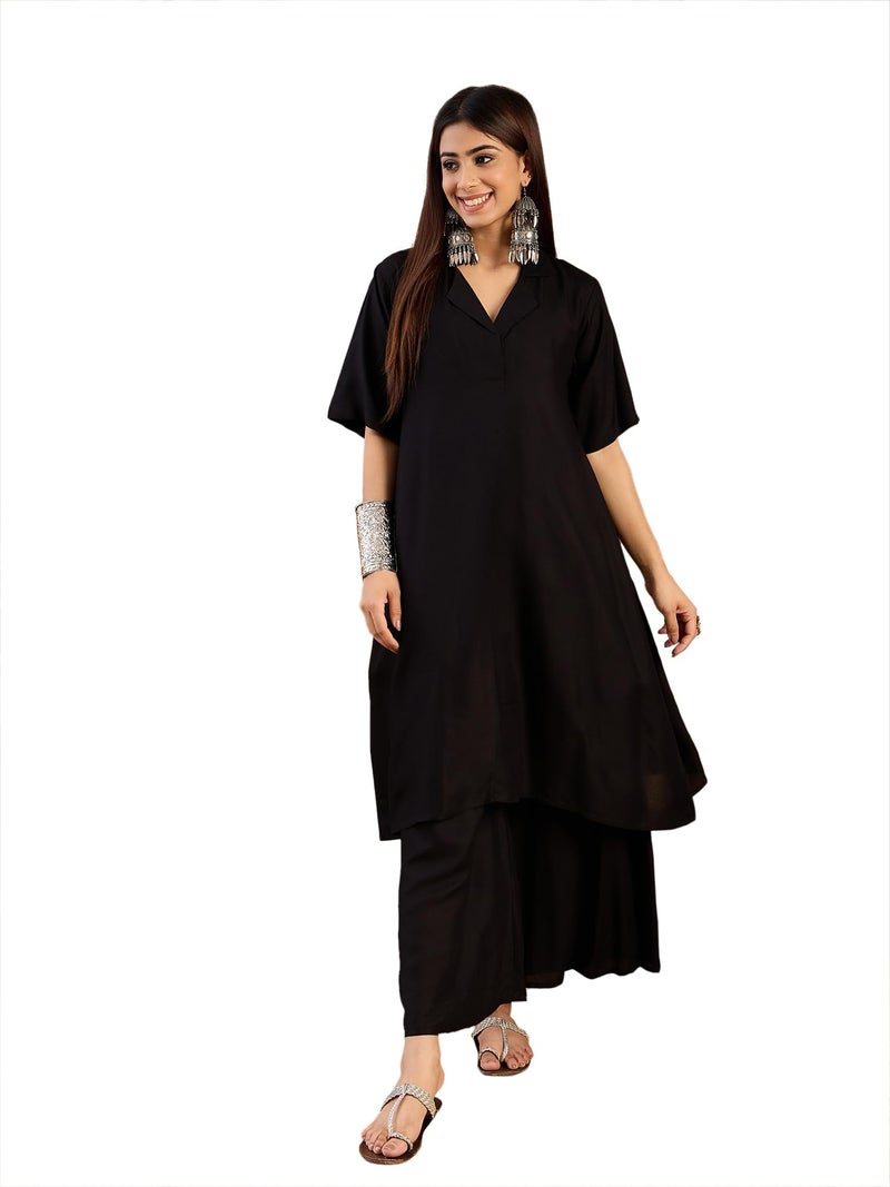 InWeave Women Black Collaround Neck Kurta Set - Image 1