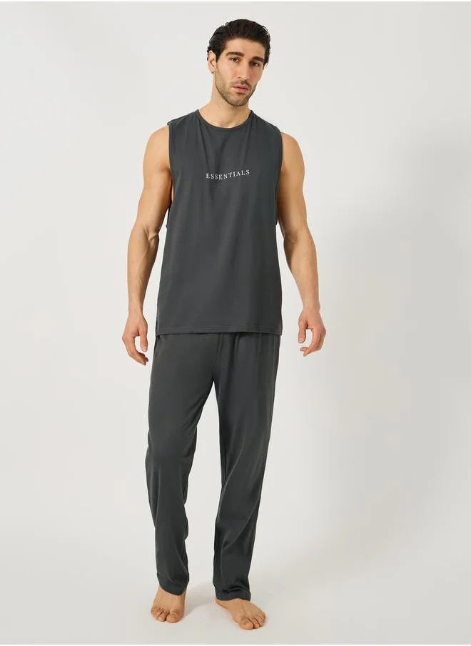 Styli Styli Slogan Print Tank T-Shirt with Solid Pyjama Set