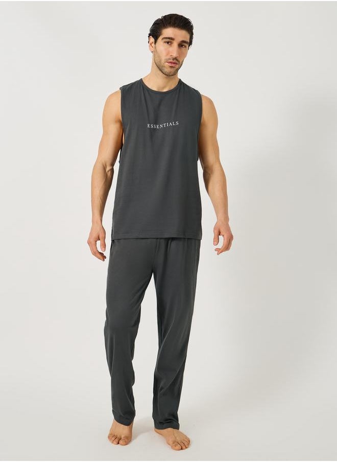 Styli Styli Slogan Print Tank T-Shirt with Solid Pyjama Set  - Image 1