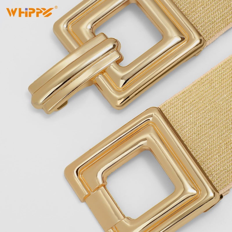 WHIPPY Women Wide Elastic Waist Belt Fashion Hollow Out Square Gold Buckle Stretchy Belt Waistband for Ladies, Gold, XL - Image 2