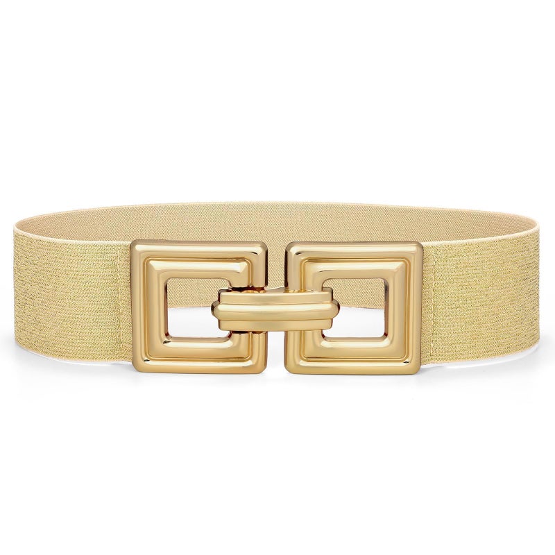 WHIPPY Women Wide Elastic Waist Belt Fashion Hollow Out Square Gold Buckle Stretchy Belt Waistband for Ladies, Gold, XL - Image 1
