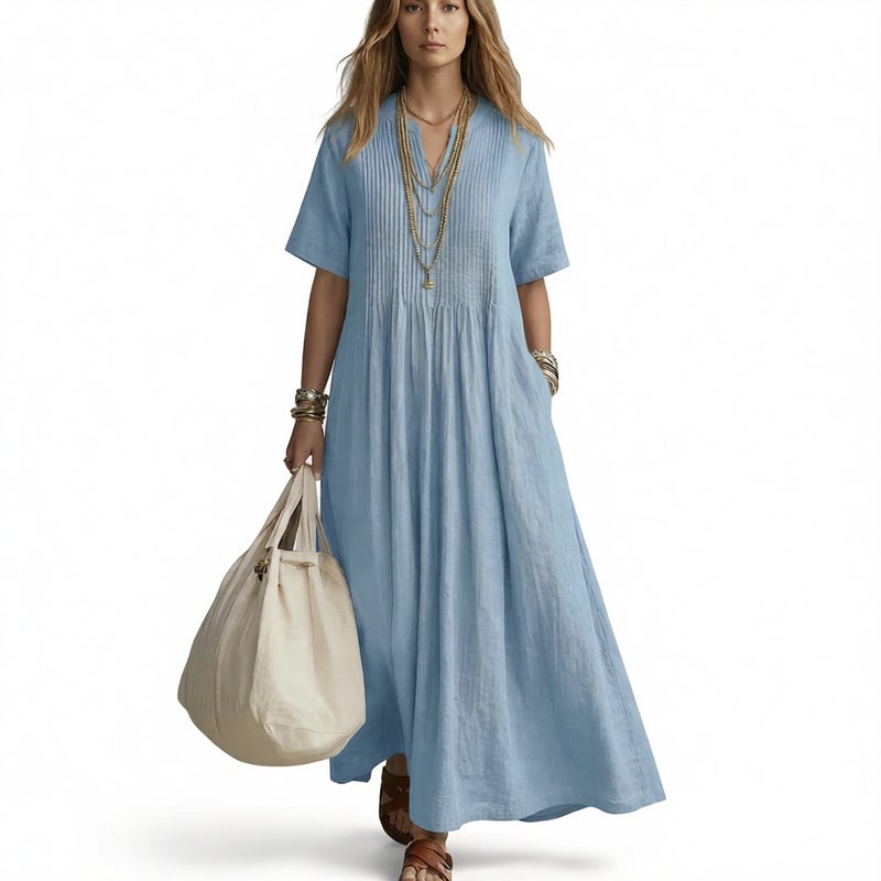 Women's Loose Fit V-Neck Short Sleeve Pleated Cotton Linen Midi Dress - Image 5