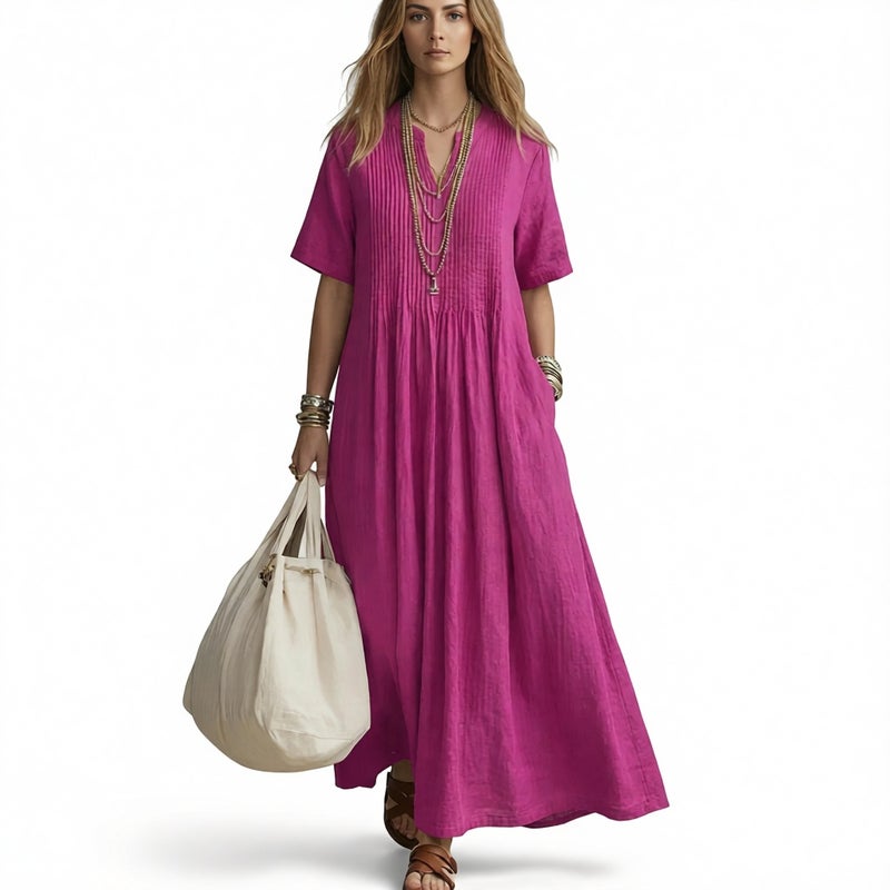 Women's Loose Fit V-Neck Short Sleeve Pleated Cotton Linen Midi Dress - Image 3