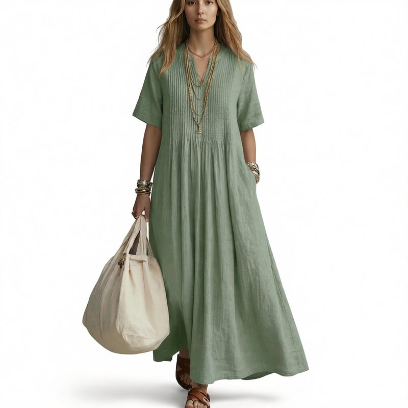 Women's Loose Fit V-Neck Short Sleeve Pleated Cotton Linen Midi Dress - Image 4