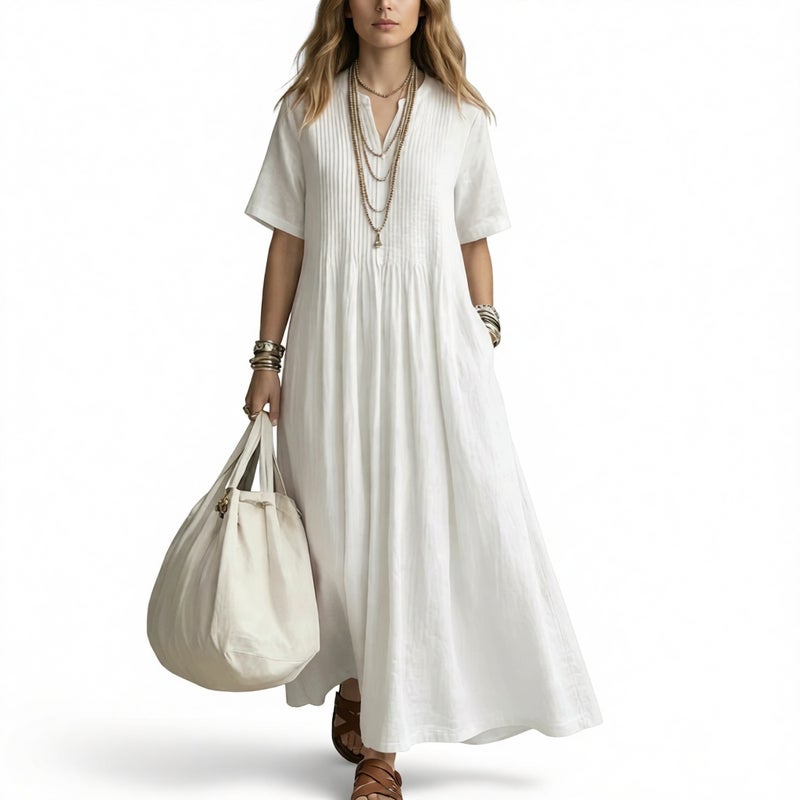 Women's Loose Fit V-Neck Short Sleeve Pleated Cotton Linen Midi Dress - Image 2