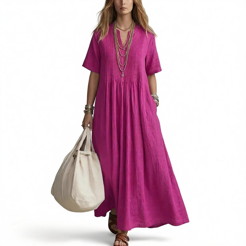Women's Loose Fit V-Neck Short Sleeve Pleated Cotton Linen Midi Dress - Image 1
