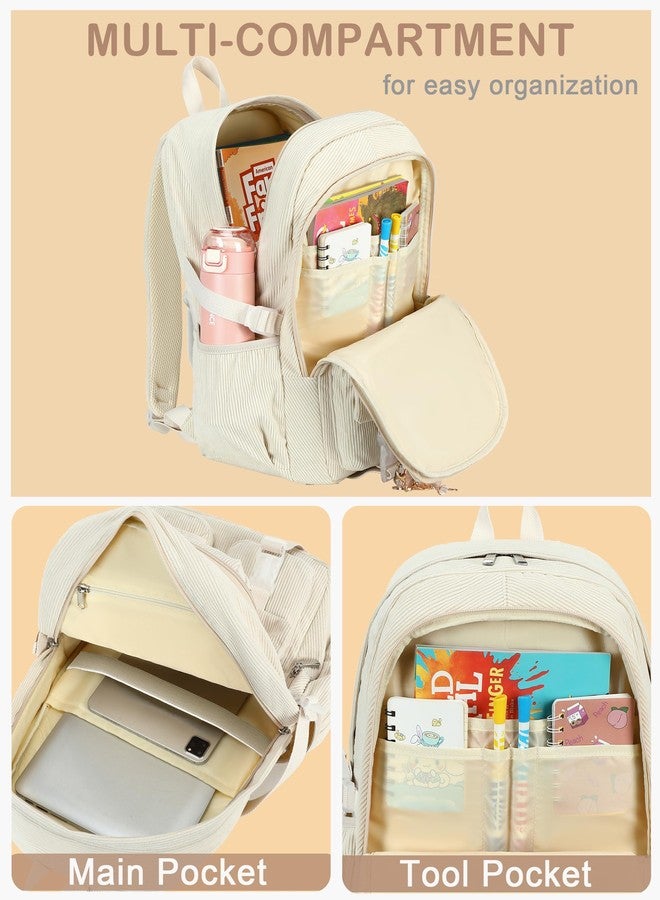 Hidds School Backpack Laptop College Backpacks Corduroy Bag Students Bookbag Anti Theft Travel Daypack for Teens Girls Women, 02-corduroy Beige, Medium, School Backpack, College Backpack, Bookbag - Image 3