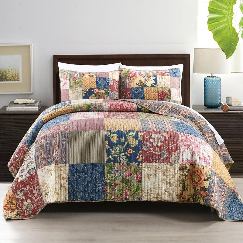 ENASAL Cotton Bedspread Quilt Sets Reversible Bedding Coverlet Sets Comforters Vintage Luxury Gorgeous Floral Real Patchwork BedspreadKing Size
