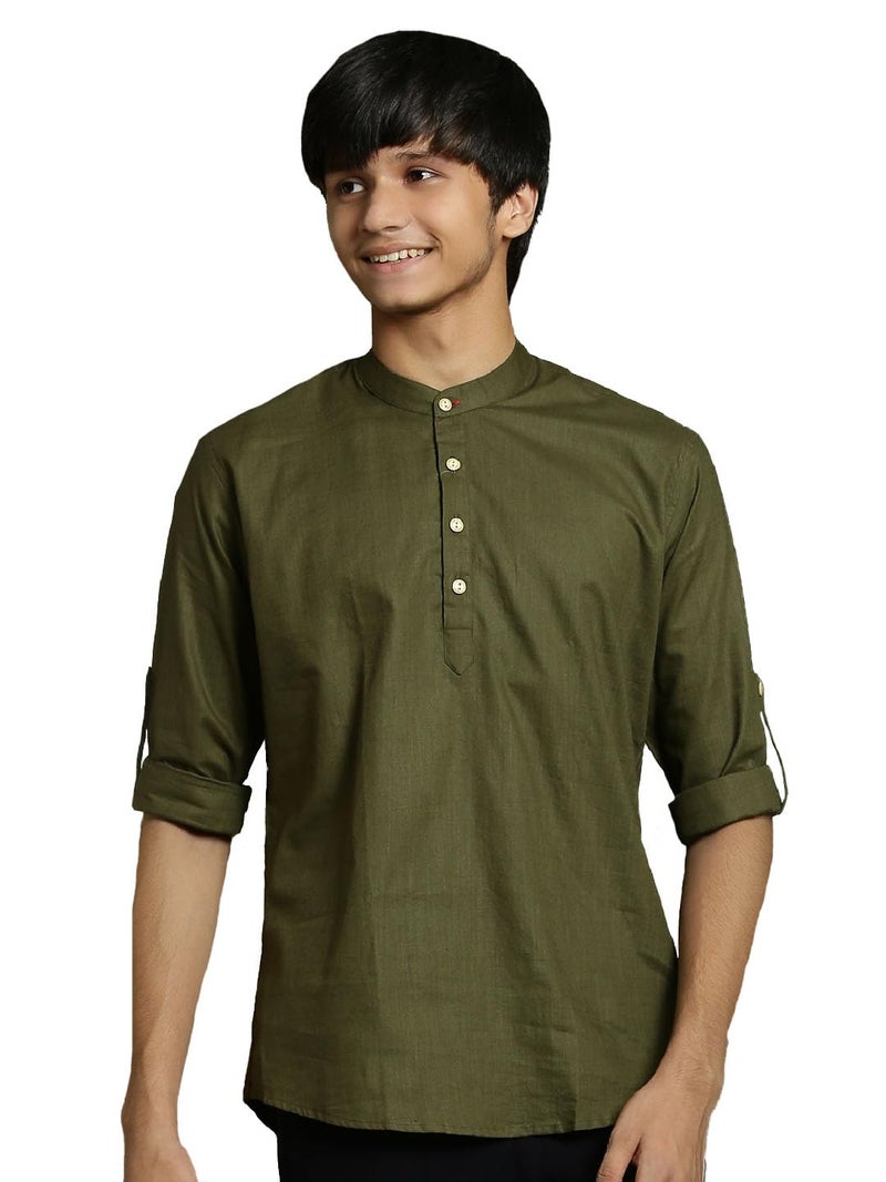 VASTRAMAY Boys’ YUVA Boys' Dark Green Short Kurta_VYUVBXK015MI_36XL | Elegant for Weddings & Festive Celebrations - Image 1
