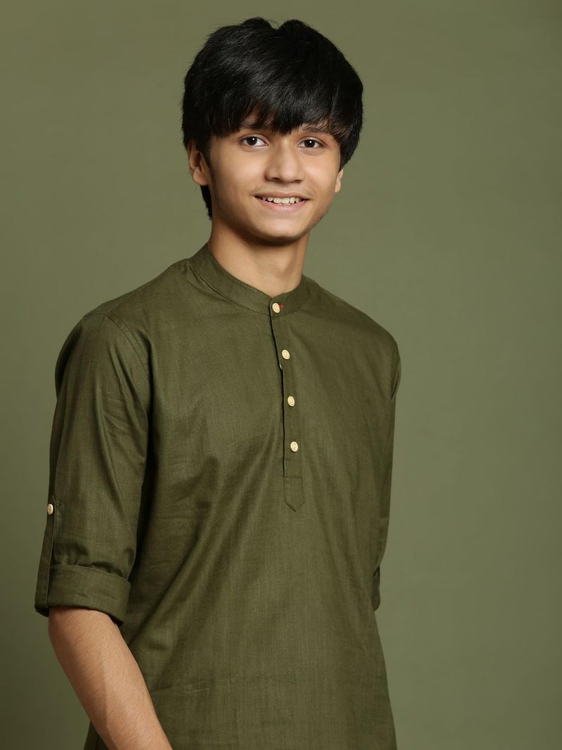 VASTRAMAY Boys’ YUVA Boys' Dark Green Short Kurta_VYUVBXK015MI_36XL | Elegant for Weddings & Festive Celebrations - Image 4