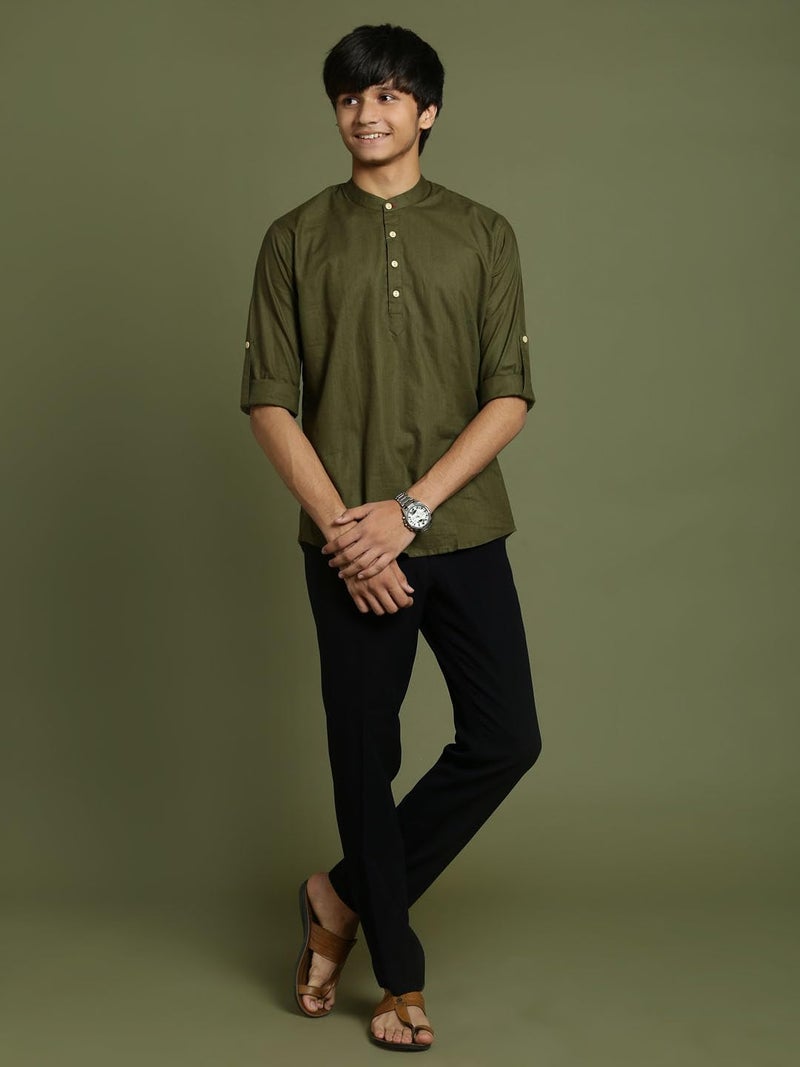 VASTRAMAY Boys’ YUVA Boys' Dark Green Short Kurta_VYUVBXK015MI_36XL | Elegant for Weddings & Festive Celebrations - Image 5