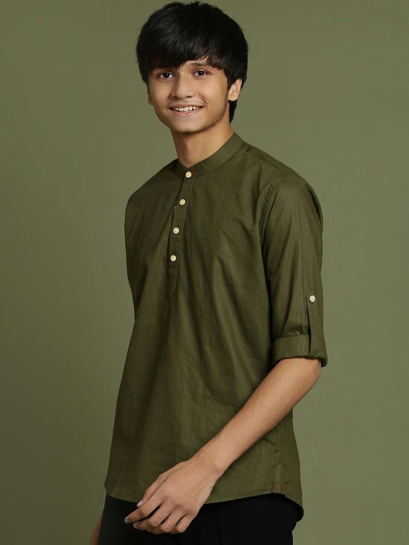 VASTRAMAY Boys’ YUVA Boys' Dark Green Short Kurta_VYUVBXK015MI_36XL | Elegant for Weddings & Festive Celebrations - Image 2