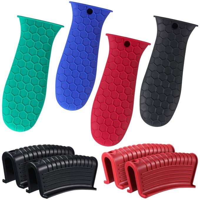 8 PCS SILICONE POT HOLDERS SET CAST IRON HANDLE COVER HEAT RESISTANT POT HANDLE COVERS POTHOLDER NON SLIP REUSABLE PAN SLEEVE FOR FRYING PAN KITCHEN SUPPLIESBLUE RED GREEN BLACK