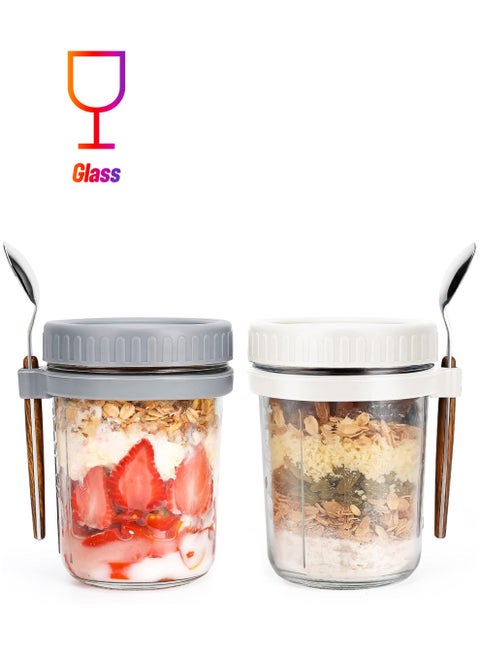 2Pcs Overnight Oats Jars, Overnight Oats Container with Lid and Spoon, 16 oz Cereal, Milk, Vegetable and fruit Salad Storage Container with Measurement Marks (White And Grey)