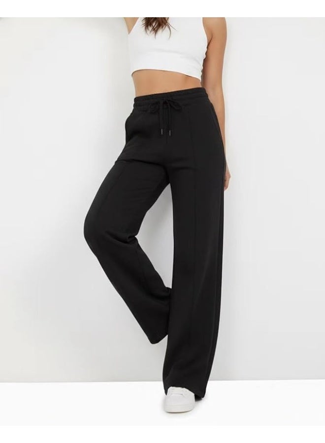 بنطلون ميلتون وايد ليج رياضي حريمي خصر عالي مزين بخط – بنطال نسائي خامة ميلتون مريحة، قصة واسعة عصرية، مناسب للخروجات والكاجوال - Image 5