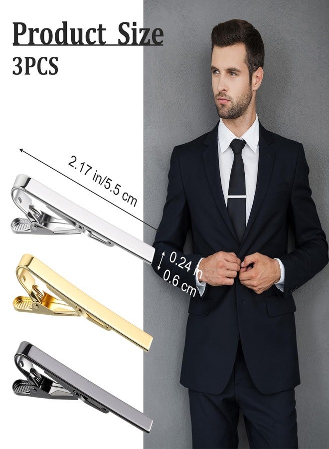 ValueBargain 3Pcs Silver Tie Clip, Multi-Color Classic Tie Bars with Adjustable Clasp, Ideal for Professional Office Formal Events Wedding (Silve, Gold and Grey) - Image 2