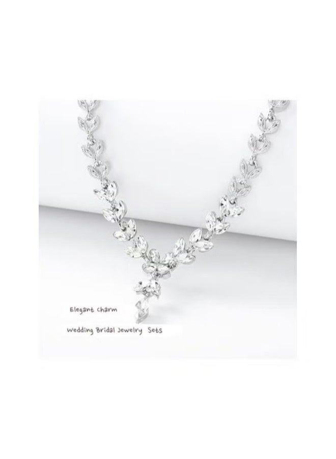 3Pcs Rhinestone Jewelry Set Stylish Elegant Leaf Necklace Zircon Earrings Chic Dress Accessory Festival Gift for Women Ladies Mother Wife Wedding Party Silver - Image 4