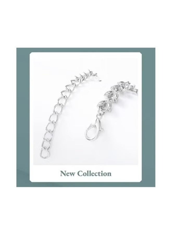 3Pcs Rhinestone Jewelry Set Stylish Elegant Leaf Necklace Zircon Earrings Chic Dress Accessory Festival Gift for Women Ladies Mother Wife Wedding Party Silver - Image 3