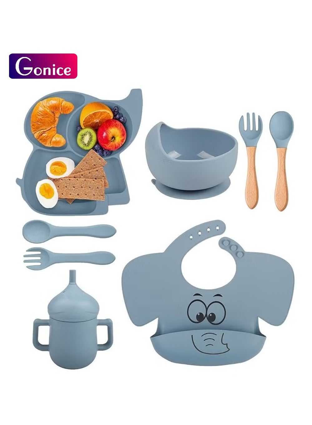 Gonice Silicone Baby Feeding Set, 9 Piece Baby Led Weaning Supplies, Baby Toddler Bib Cup Divided Plate and Bowl Self Feeding Spoons Dish Set, Baby Eating Utensils, Toddler Feeding Supplies