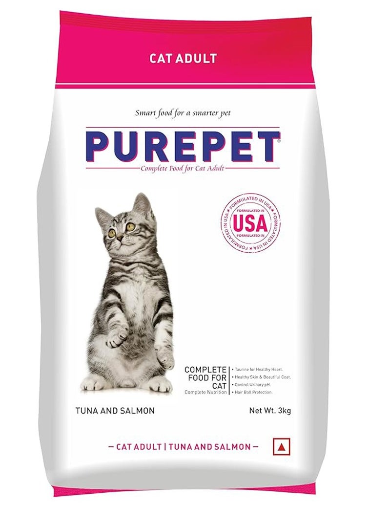 PUREPET Purepet Adult Dry Cat Food, Tuna Salmon 3 Kg | Complete & Balanced Nutrition, Taurine For Healthy Heart, Controls Urinary pH, Healthy Skin & Coat  - Image 1