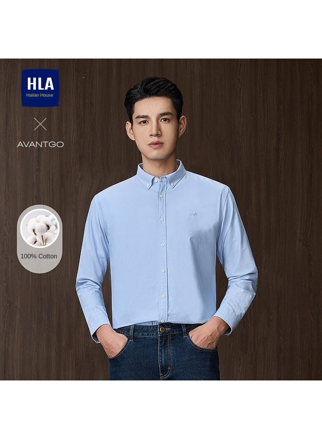 HLA قميص رجال كاجوال بأكمام طويلة مزين من القطن الخالص، كلاسيكي خفيف للأعمال، بأزرار و ياقة - Image 2