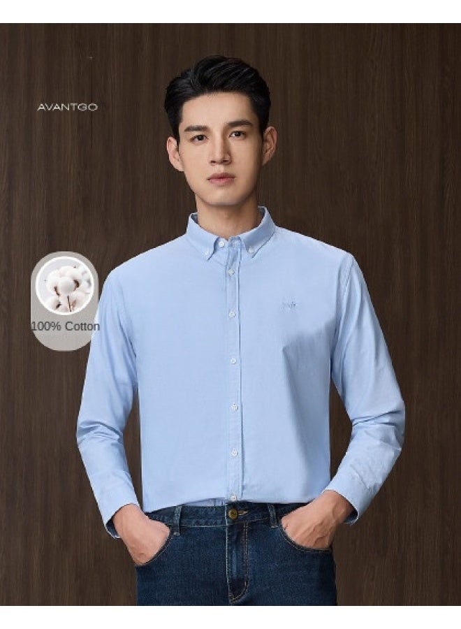 HLA قميص رجال كاجوال بأكمام طويلة مزين من القطن الخالص، كلاسيكي خفيف للأعمال، بأزرار و ياقة - Image 1