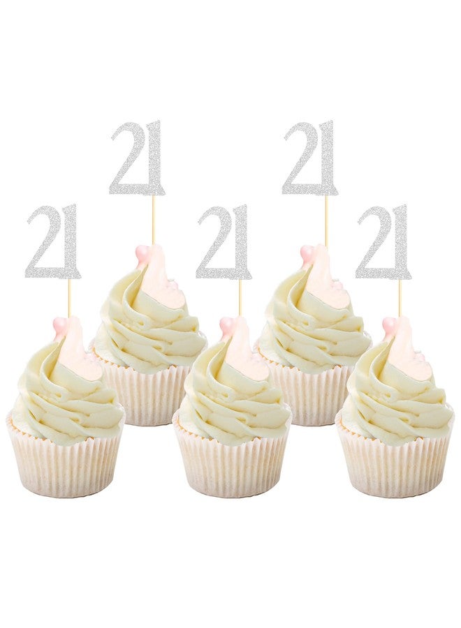 Sotpot 30 Pack Happy 21st Birthday Cupcake Toppers 21 Years Cupcake Decorations for 21st Birthday Anniversary Party Supplies Silver Glitter - Image 1